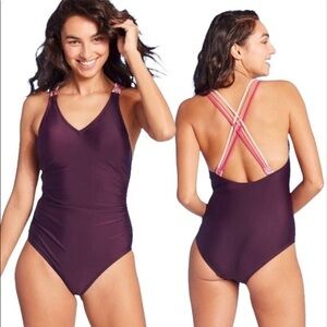 NWOT Dark Purple Crisscross Tri-Color Strap Strappy One Piece Swimsuit New